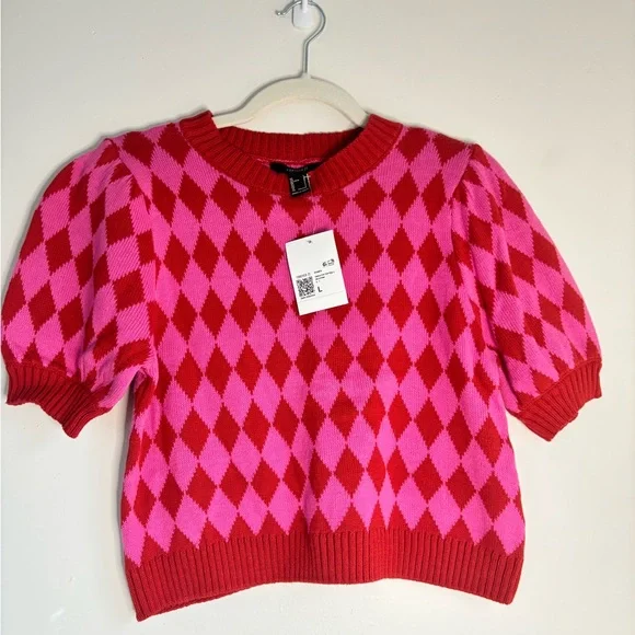 Forever 21 Red and Pink Argyle Puff Sleeve Crewneck Sweater - Picture 3 of 4